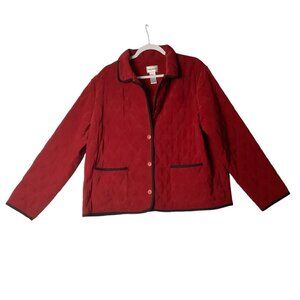 Napa Valley Red Quilted Jacket Coat Women Size XL Button Up Pockets Black Trim